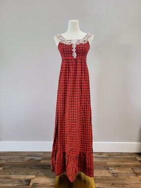1970s Plaid Prairie Maxi Dress Lace Tartan Cottagecore Gunne Sax Style XS